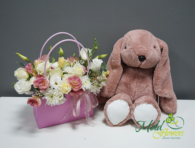 Set de "Gentuța cu flori și Iepure roz h=35 cm" foto